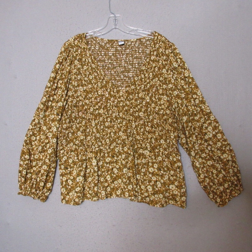 Old Navy Top Plus XXL Mustard‎ Yellow Floral Smocked Cottage Core Flowy
